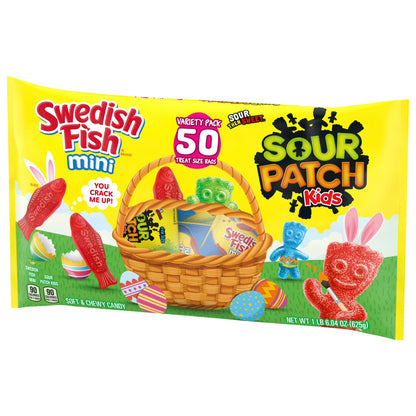 SOUR PATCH KIDS and SWEDISH FISH Mini Soft & Chewy Easter Candy Variety Pack, Bulk Candy, 50 Packs