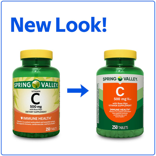 Spring Valley Vitamin C with Rose Hips, 500 mg, 250 Count, Dietary Supplement Tablets for Immune Health