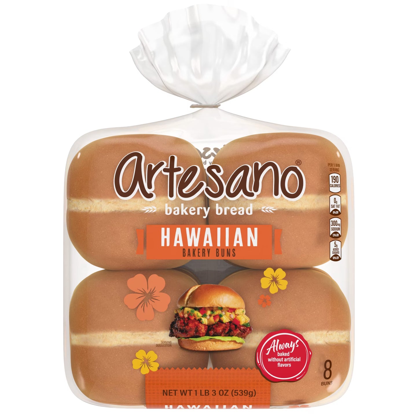 Artesano Hawaiian Bakery Buns, 8 count, Sweet Hamburger Buns, 19 oz Bag