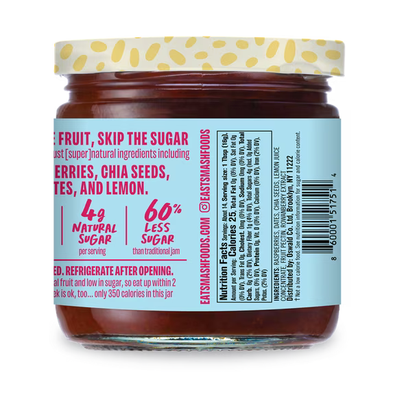 Smash Foods Raspberry Jam, No Sugar Added, Low-Calorie, Vegan (1 Jar) 8oz
