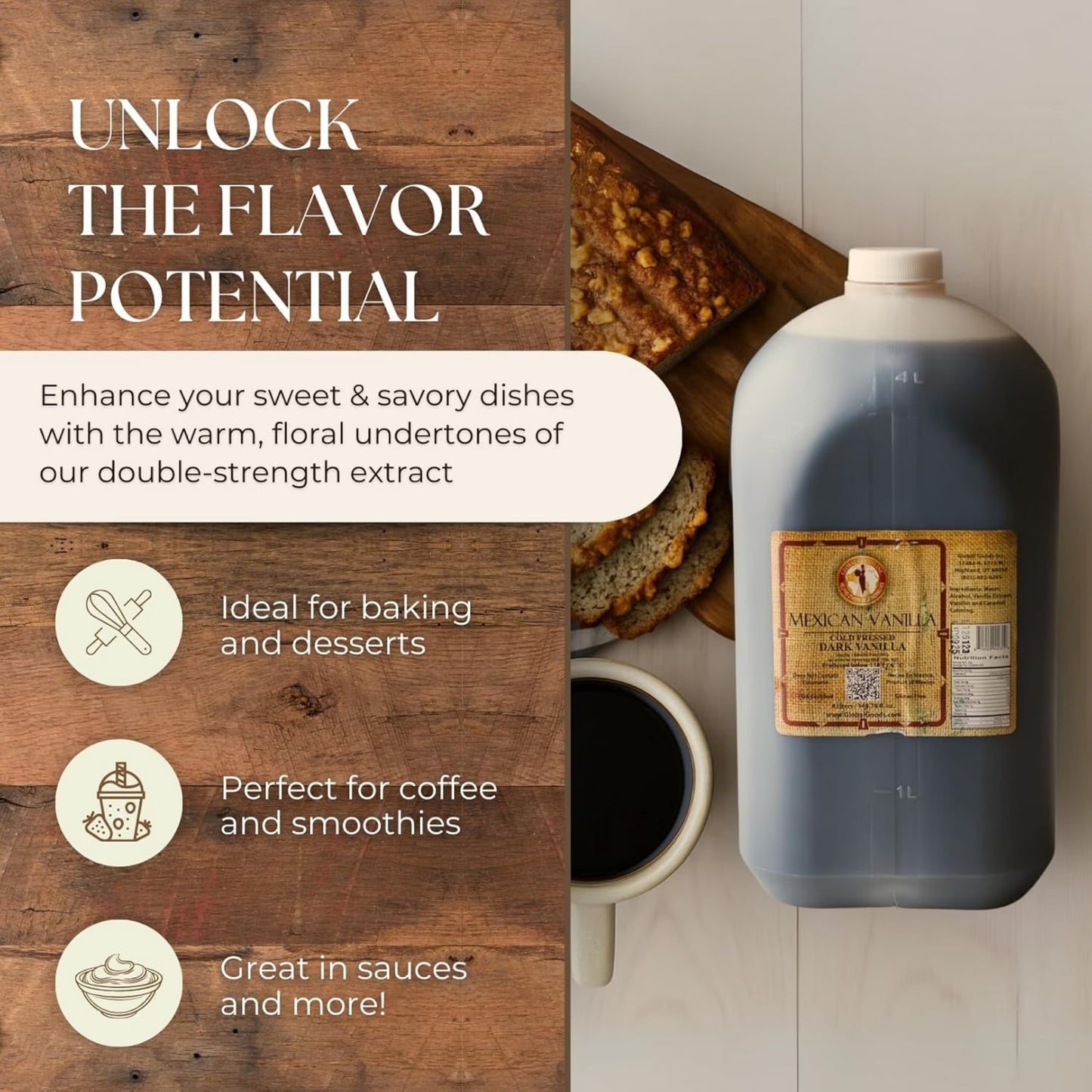 Pure Dark Mexican Vanilla Extract Gluten Free Vanilla for Baking Cakes, Cookies, Desserts, Coffee & Beverages Natural, Bold Flavour 4 Liter / 135.25 fl oz bottle