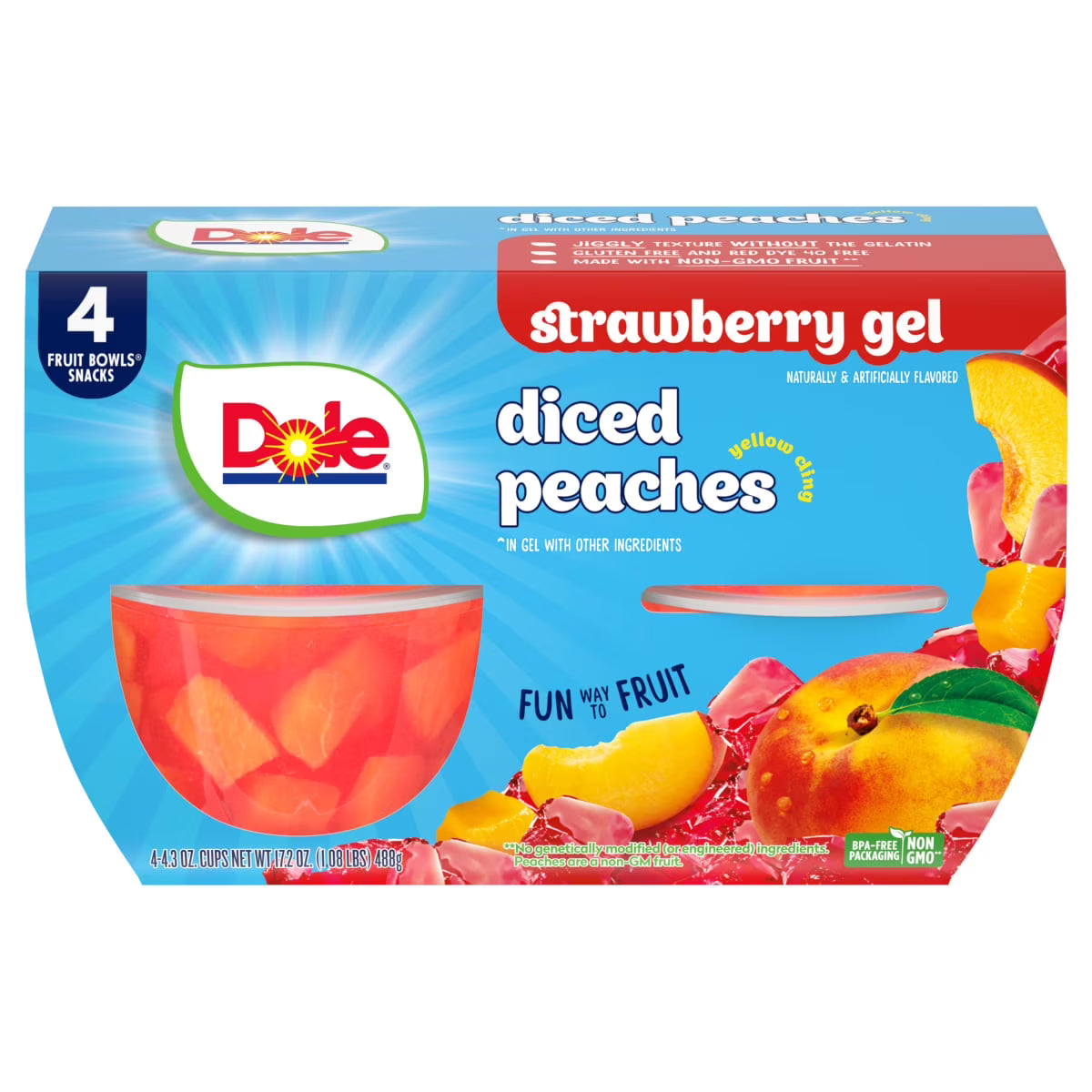 (4 pack) Dole Fruit Bowls Diced Peaches in Strawberry Gel, 4.3 oz Cups (4 Pack)