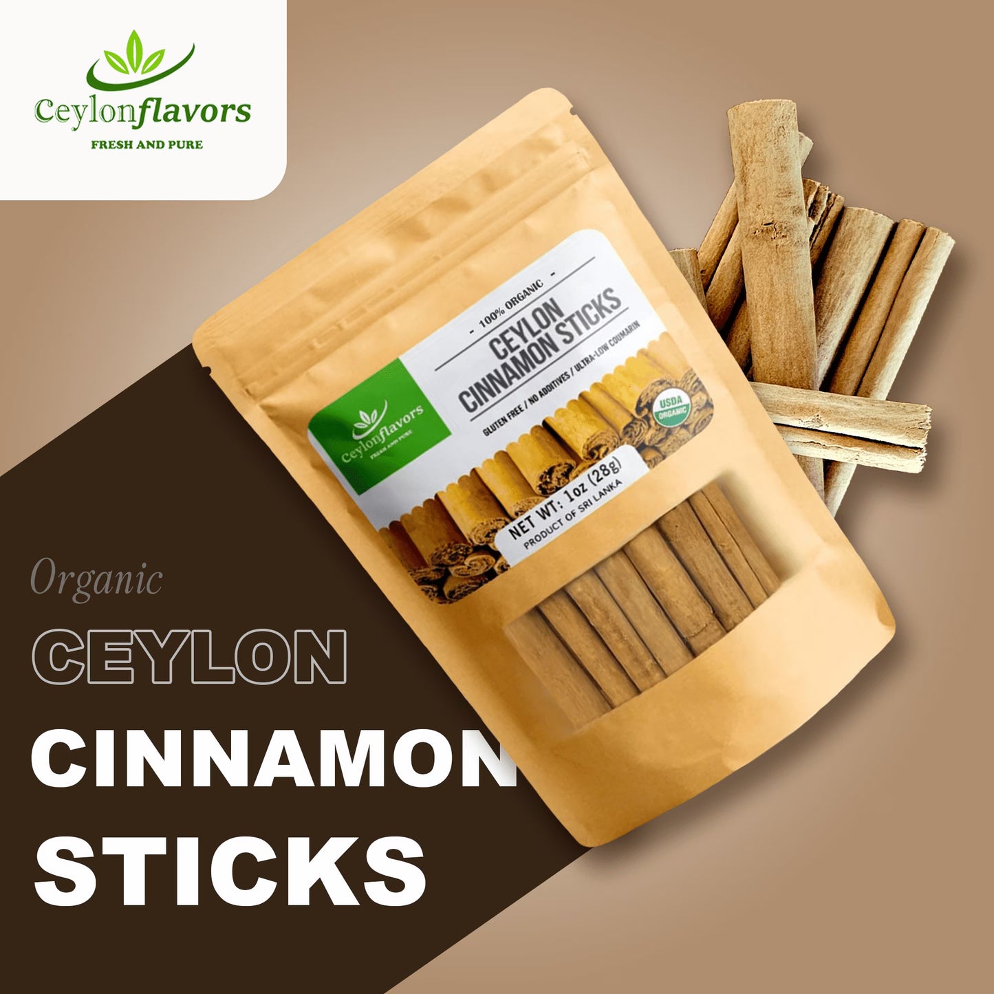 Organic Ceylon cinnamon sticks 3" (1 oz), True Cinnamon, Premium Grade, Harvested & Packed from a USDA Certified Organic