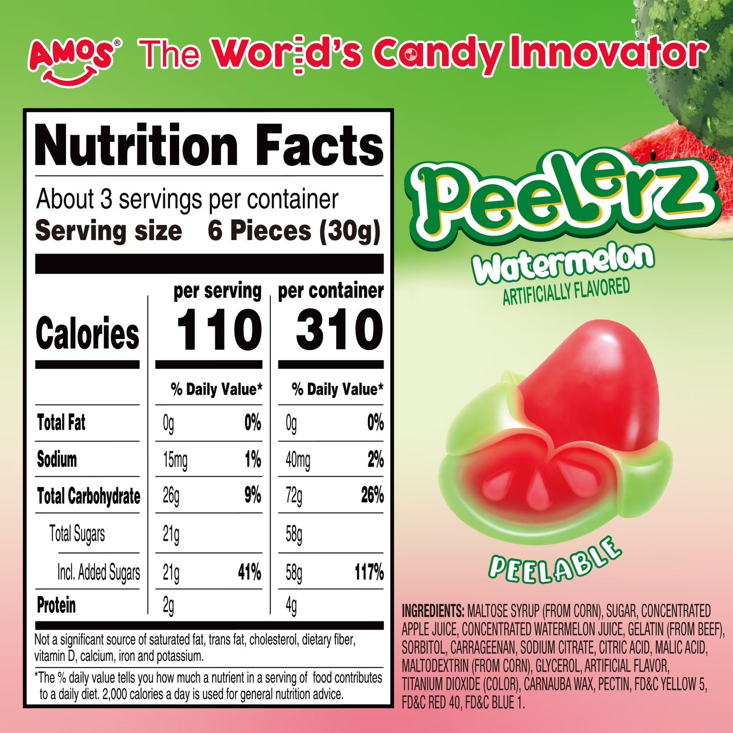 Amos Peelerz, Gummy Candy, Watermelon Flavor, Peelable Gummy, 3 oz Bag