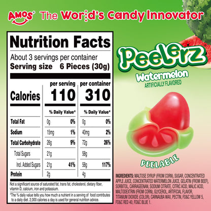 Amos Peelerz, Gummy Candy, Watermelon Flavor, Peelable Gummy, 3 oz Bag