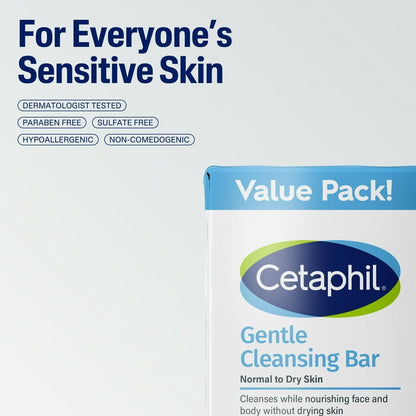 (3 pack) Cetaphil Gentle Face Cleanser and Body Wash Bar for Dry to Normal, Sensitive Skin Value Pack, 4.5 oz (Pack of 3)