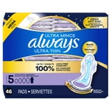 Always Ultra Thin Overnight Pads with Wings, Size 5, Extra Heavy Overnight, 46 Count