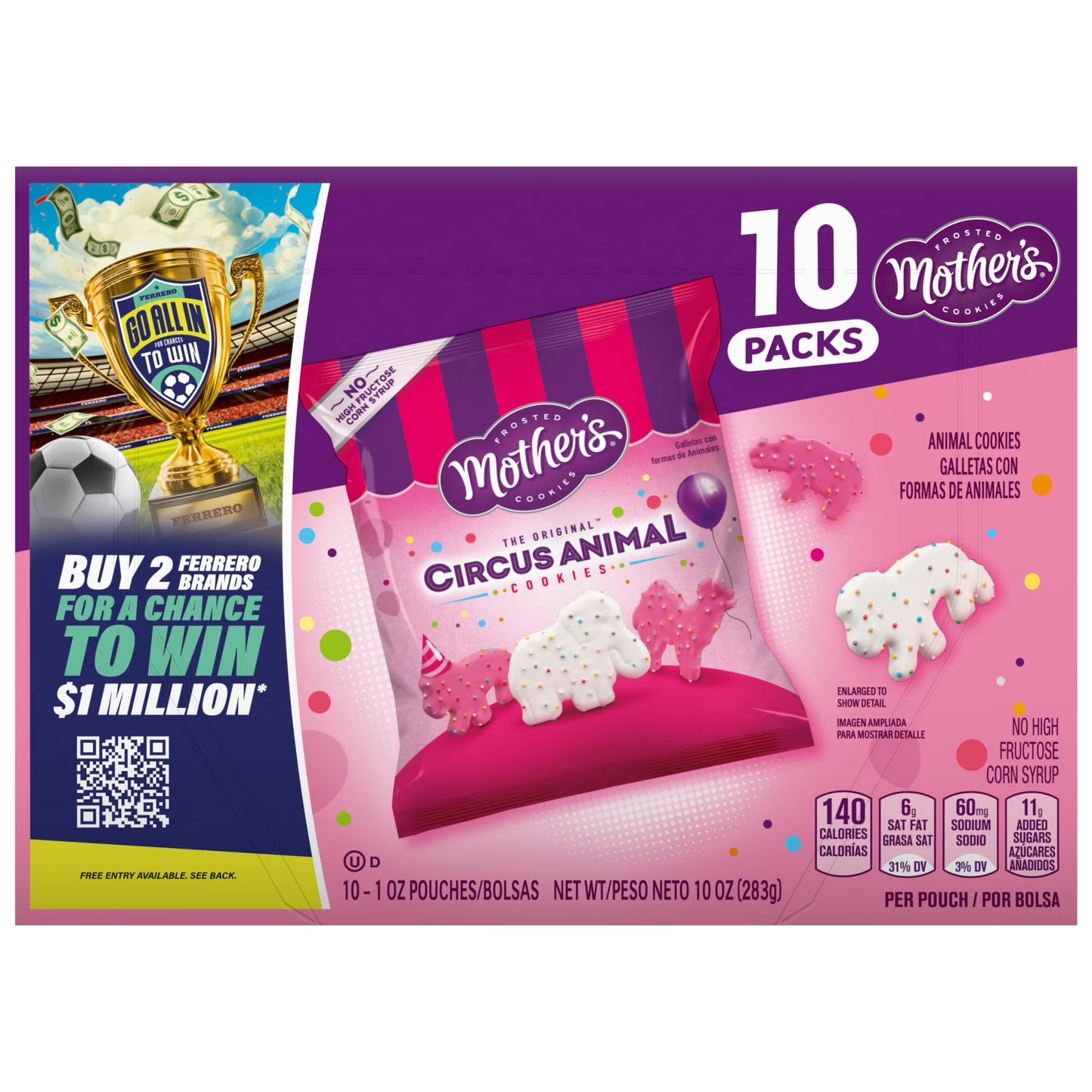 Mother’s Original Circus Animal, Frosted Animal Cookies with Rainbow Sprinkles, 10 packs, 1 oz Each