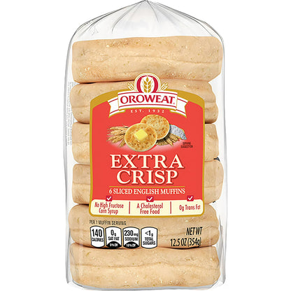 Oroweat Extra Crisp English Muffins, 6 count, Plain English Muffins, 12.5 oz Bag