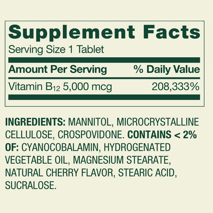 (4 pack) Spring Valley Extra Strength Vitamin B12 Supplement, Cherry, 5000 mcg, 300 Count, Fast Dissolve Tablets for Metabolism Support