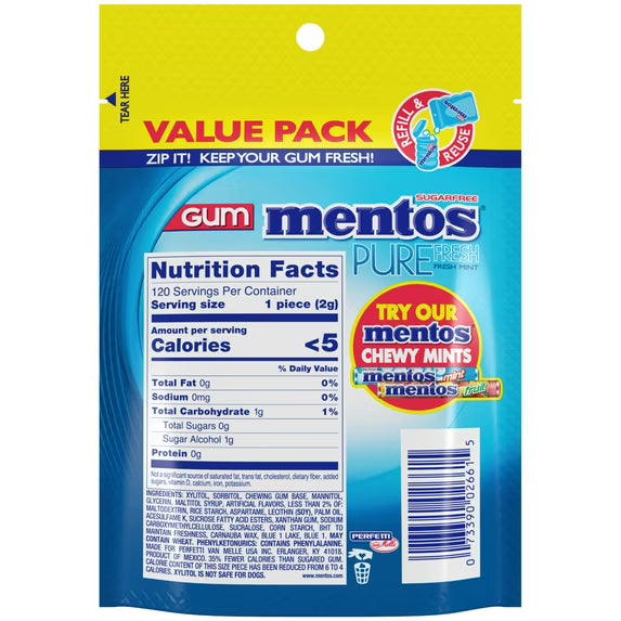 Mentos Pure Fresh Sugar-Free Fresh Mint Xylitol Chewing Gum, 120 Count Resealable Bag