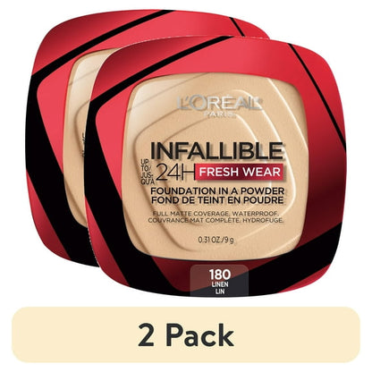 (2 pack) L'Oreal Paris Infallible Fresh Wear 24 Hr Powder Foundation Makeup, 020 Ivory, 1 fl oz