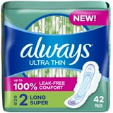 Always Ultra Thin Pads with Wings, Size 2, Long Super Absorbency, 42 Count