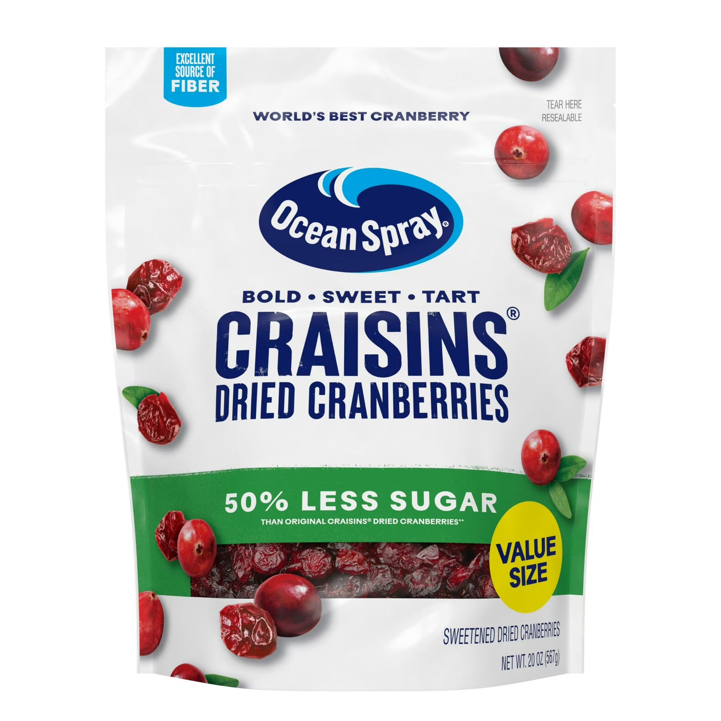Ocean Spray Craisins, 50% Less Sugar Dried Cranberries, Dried Fruit, 20 oz Pouch