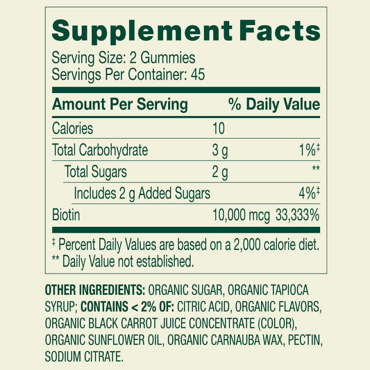 Spring Valley Organic Extra Strength Biotin Vegetarian Gummies for Hair/Skin/Nail Health, Cherry, 10000 mcg, 90 Count