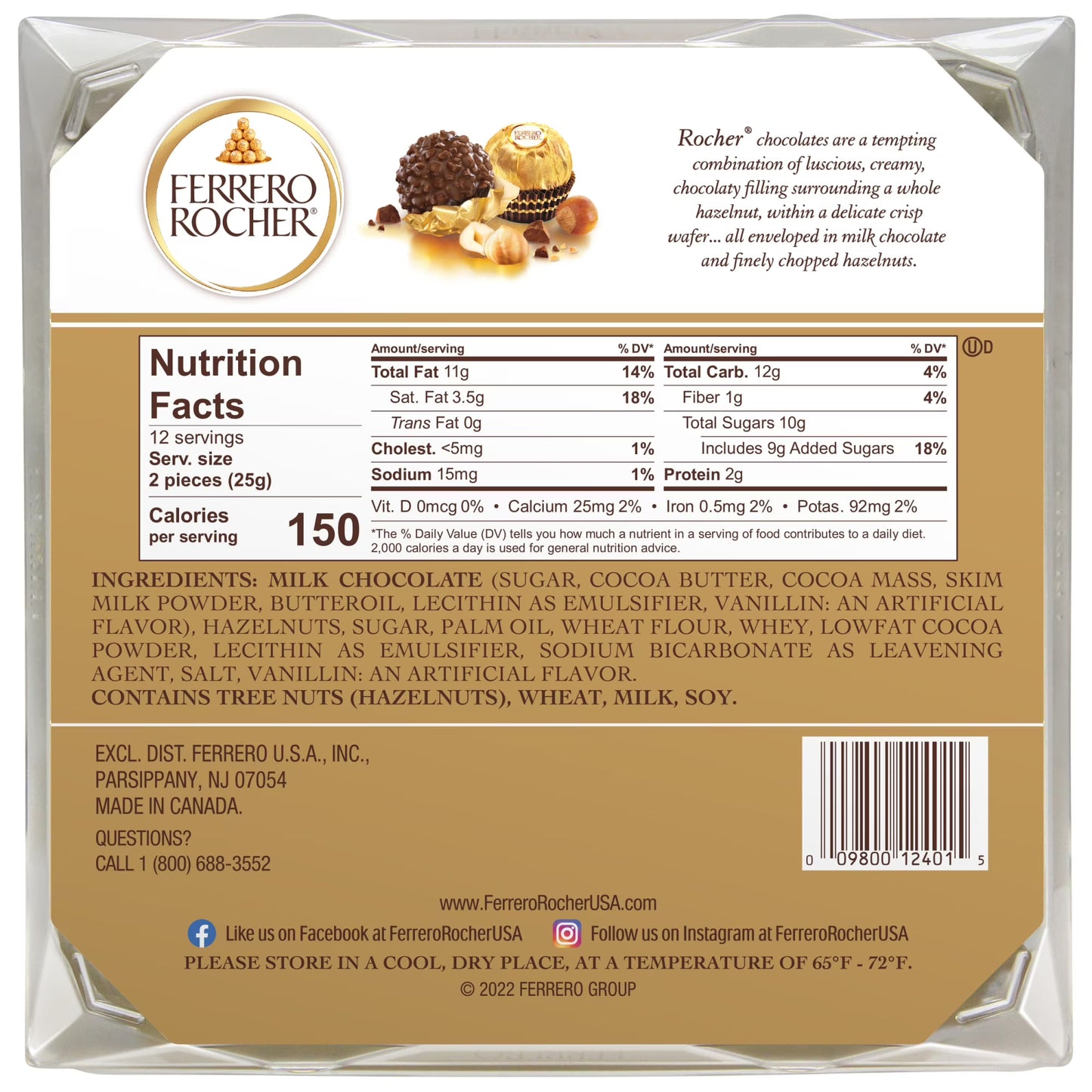 Ferrero Rocher Gourmet Hazelnut Milk Chocolate Gift Box, 24 Individually Wrapped Chocolates, 10.6 oz