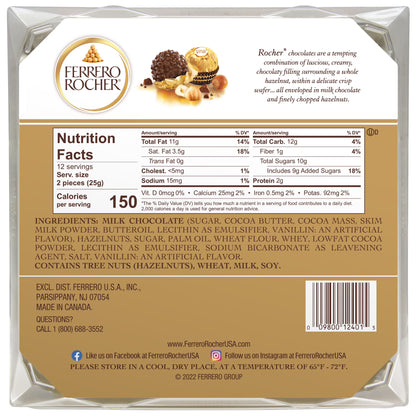 Ferrero Rocher Gourmet Hazelnut Milk Chocolate Gift Box, 24 Individually Wrapped Chocolates, 10.6 oz
