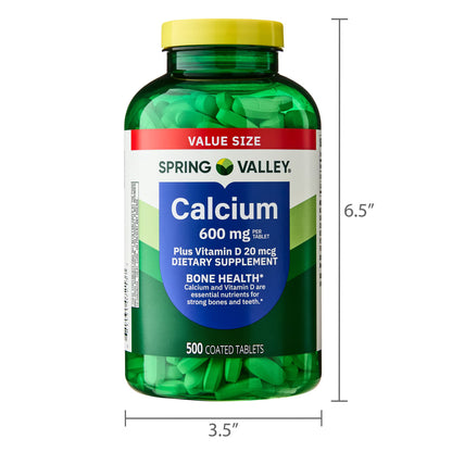Spring Valley Calcium Plus Vitamin D Tablets, 600 mg, 500 Count, Bone & Joint Health Dietary Supplement, Value Size