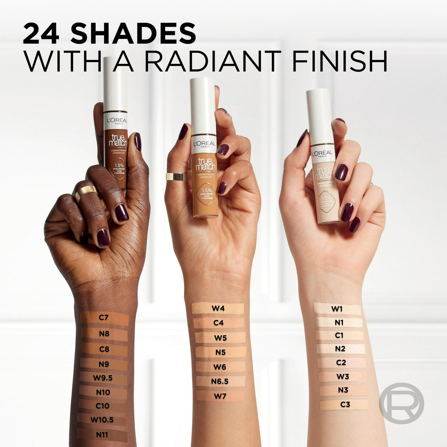 LOral Paris True Match Radiant Serum Concealer, Brightening Under Eye Concealer Make Up with 1.5% Hyaluronic Acid and Caffeine, W7, 0.33 Oz