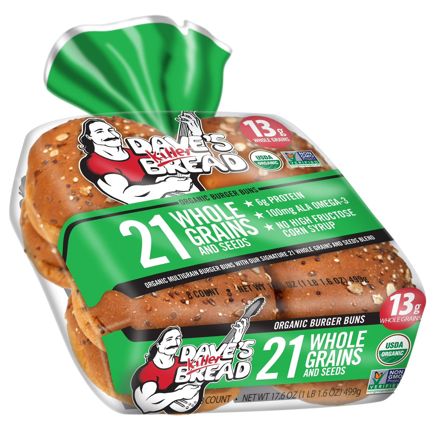 Dave's Killer Bread 21 Whole Grains and Seeds Organic Hamburger Buns, 8 Count, Shelf-Stable