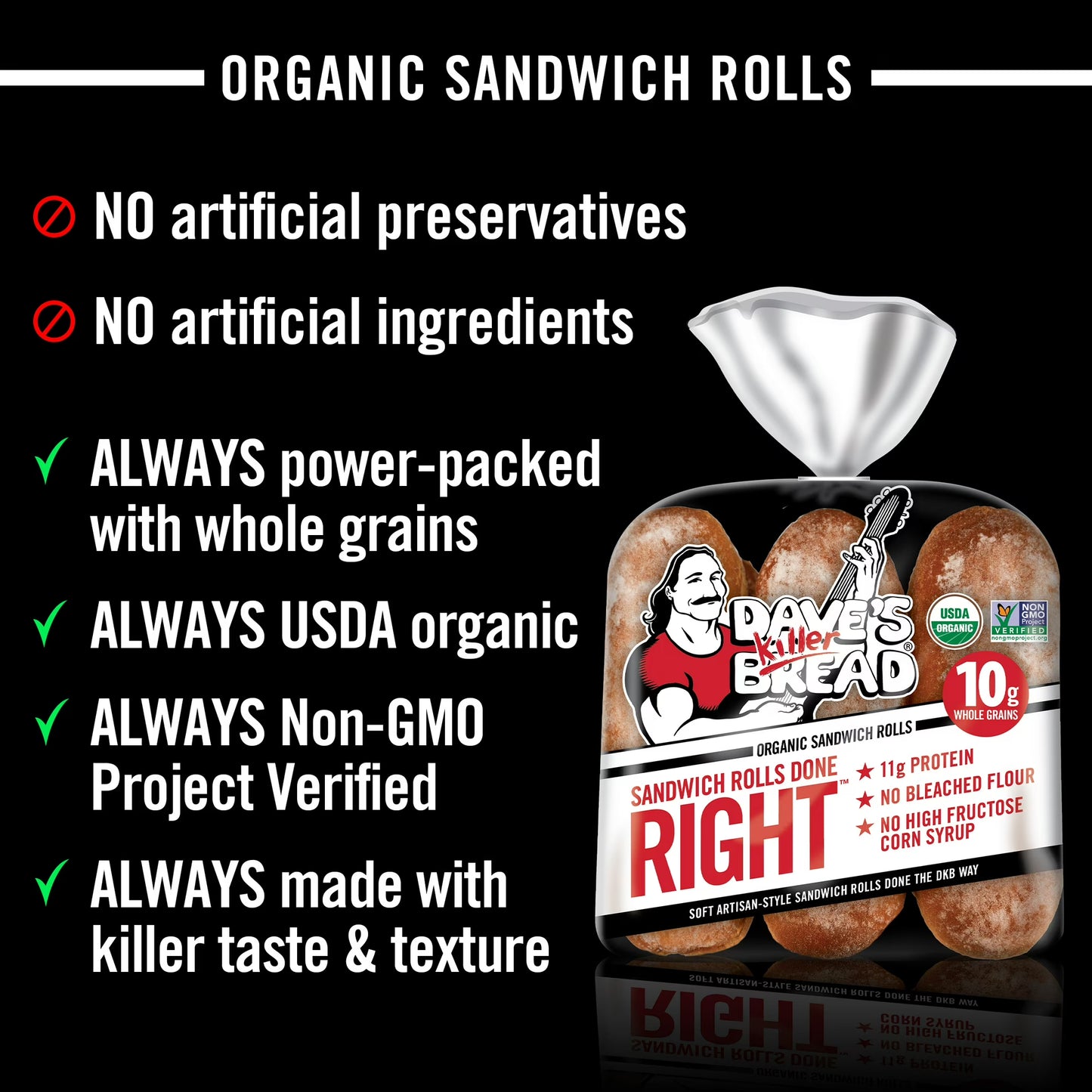 Dave's Killer, Bread Sandwich Rolls Done Right, Organic White Bread Sandwich Rolls, 6 Count