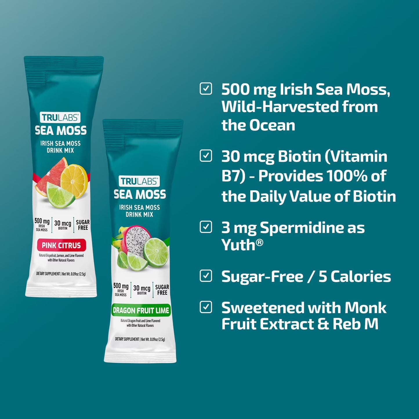 TruLabs Sea Moss Drink Mix Powder Pink Citrus and Dragon Fruit Lime 30 ct.