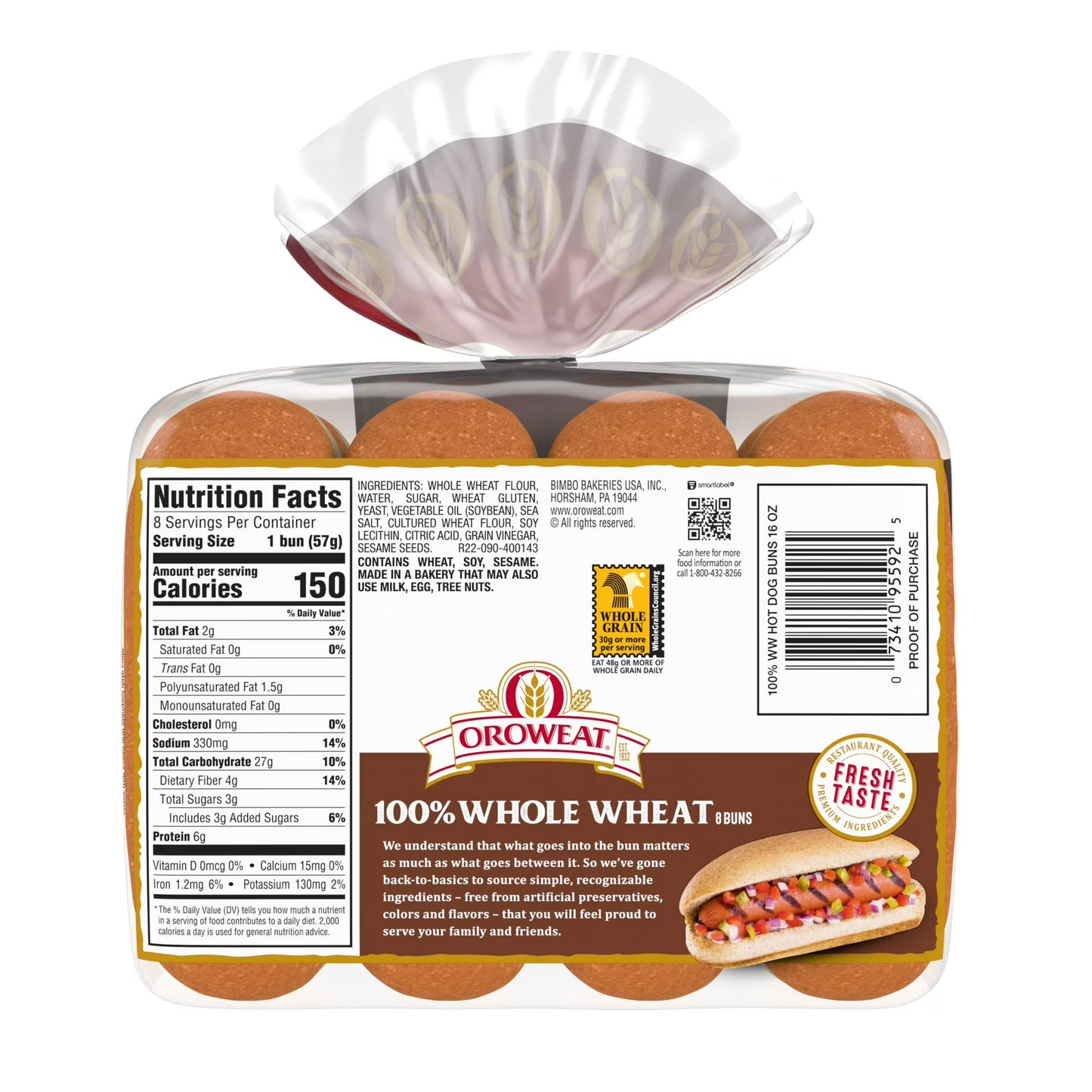 Oroweat Whole Wheat Hot Dog Buns, 8 count, Hot Dog Buns, 16 oz Bag