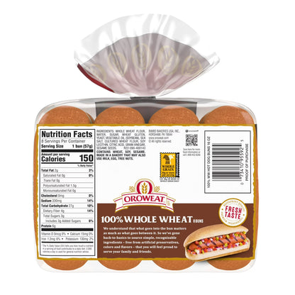 Oroweat Whole Wheat Hot Dog Buns, 8 count, Hot Dog Buns, 16 oz Bag