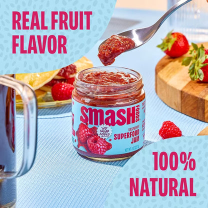 Smash Foods Raspberry Jam, No Sugar Added, Low-Calorie, Vegan (1 Jar) 8oz