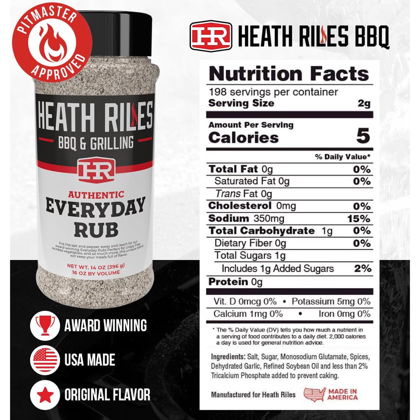 Heath Riles BBQ Rub - Everday All-Purpose Seasoning, Champion Pitmaster Recipe, Legendary Rubs For Smoking & Grilling, 70+ BBQ Championships, 14 oz.