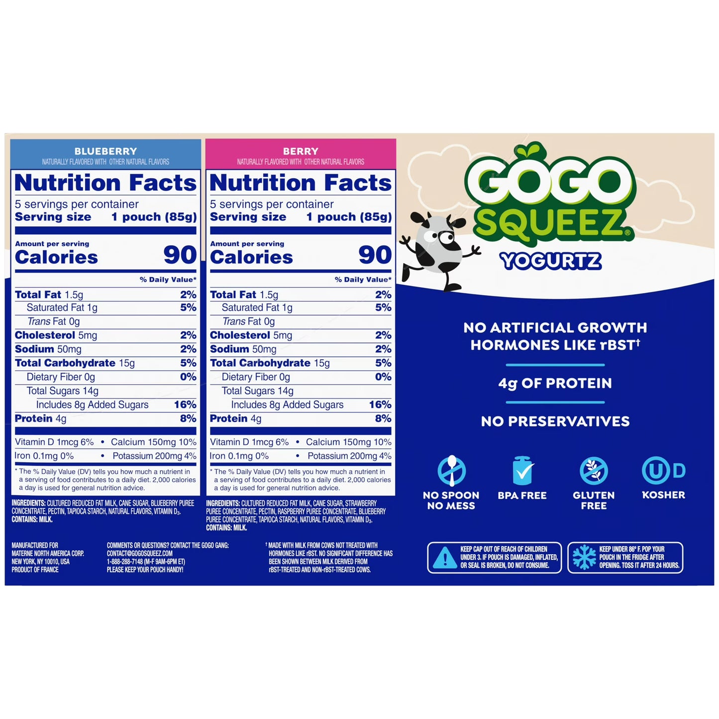 GoGo squeeZ Low Fat Yogurtz Blueberry and Berry Yogurt Snack Pouches, 3 oz (10 Pack)