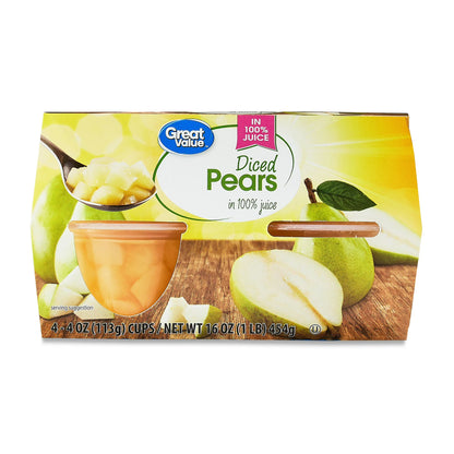 (6 pack) Great Value Diced Pears Fruit Cups in Juice, 4 oz, 4 Count