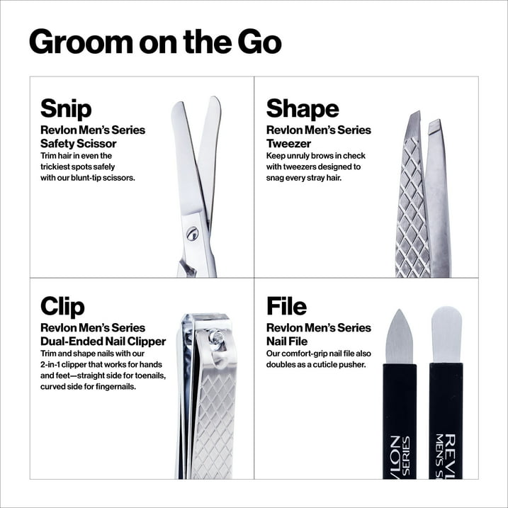 PR REV Revlon Men's Grooming Kit, Nail & Facial Hair Care Travel Kit, 5 Pieces