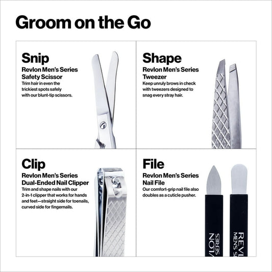 PR REV Revlon Men's Grooming Kit, Nail & Facial Hair Care Travel Kit, 5 Pieces