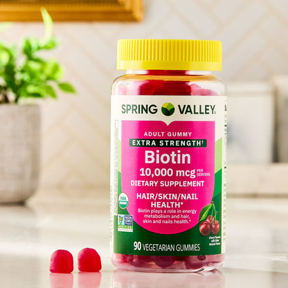 (3 pack) Spring Valley Organic Extra Strength Biotin Vegetarian Gummies for Hair/Skin/Nail Health, Cherry, 10000 mcg, 90 Count