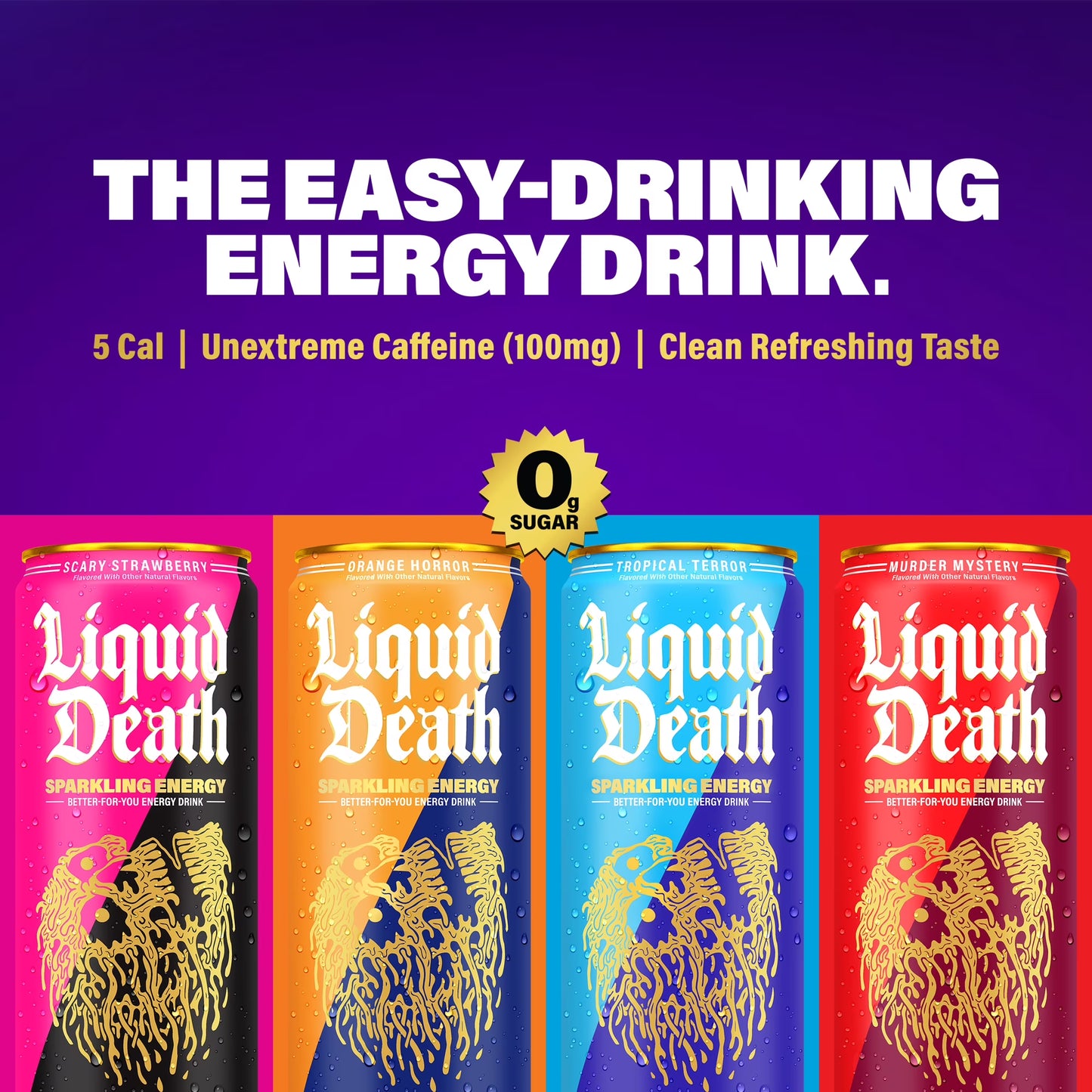 Liquid Death Sparkling Energy Variety Pack, Zero Sugar Energy Drink, Unextreme Caffeine 100mg, Essential Vitamins, 4 Flavors: Strawberry, Tropical, Orange, and Murder Mystery, 12 fl oz (Pack of 12)