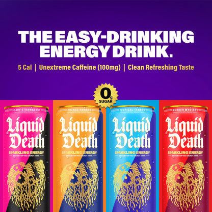 Liquid Death Sparkling Energy Variety Pack, Zero Sugar Energy Drink, Unextreme Caffeine 100mg, Essential Vitamins, 4 Flavors: Strawberry, Tropical, Orange, and Murder Mystery, 12 fl oz (Pack of 12)
