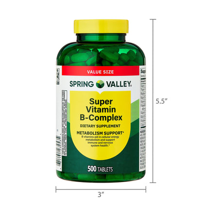 Spring Valley Super Vitamin B-Complex Tablets Dietary Supplement Value Size, 500 Count