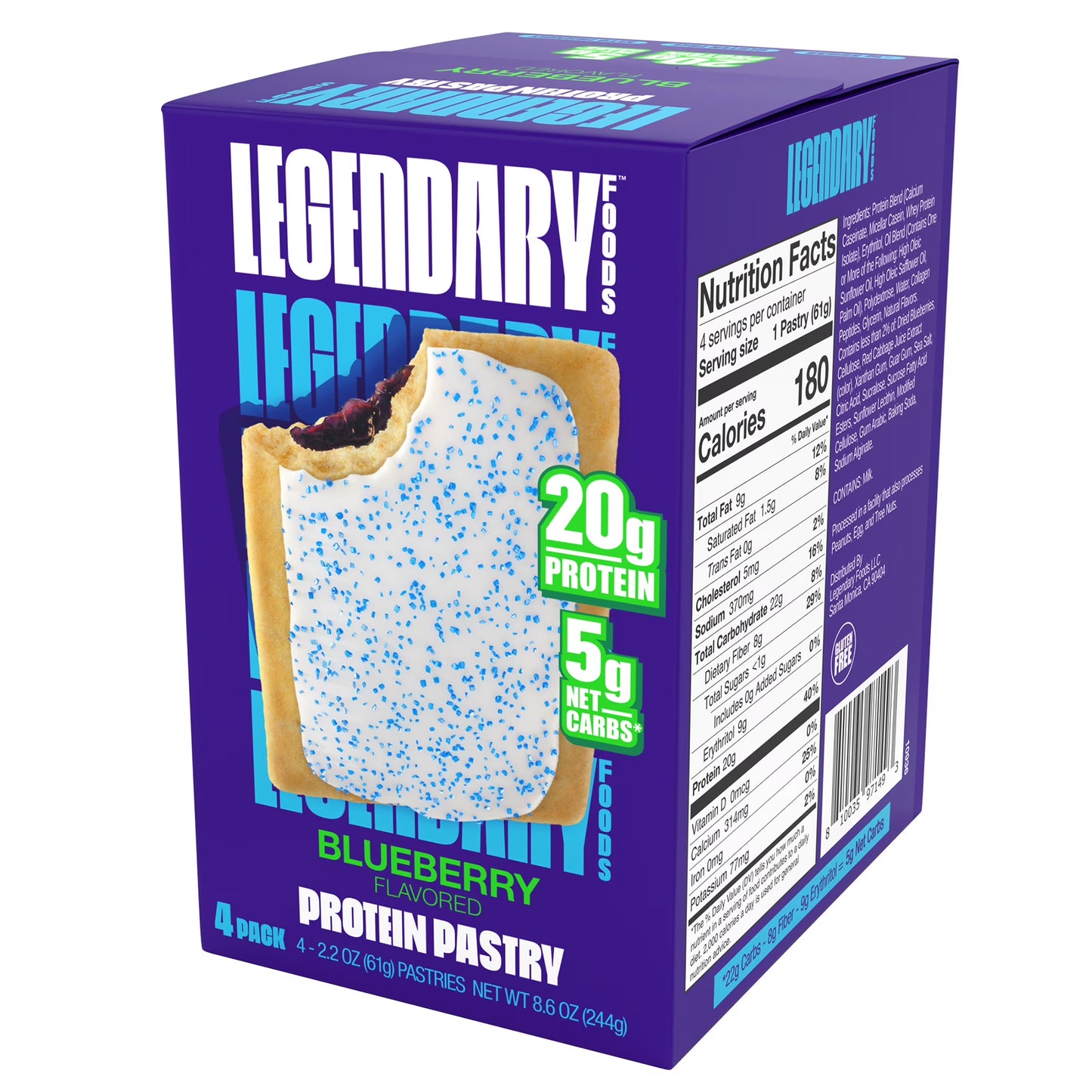 Legendary Foods Blueberry Protein Pastry, 20g Protein, 4 Pack, Keto Friendly, Gluten Free