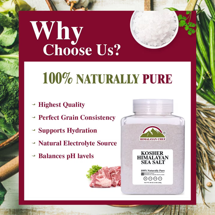 Himalayan Chef Kosher Sea Salt – Full Flavor, No Additives, unrefined and Less Sodium - Natural and Organic - 5 Pound Plastic Jar, Kosher & Non GMO Certified