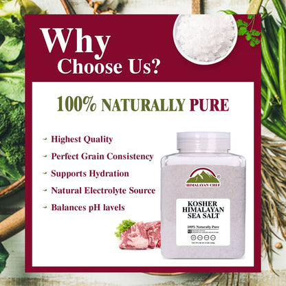 Himalayan Chef Kosher Sea Salt – Full Flavor, No Additives, unrefined and Less Sodium - Natural and Organic - 5 Pound Plastic Jar, Kosher & Non GMO Certified