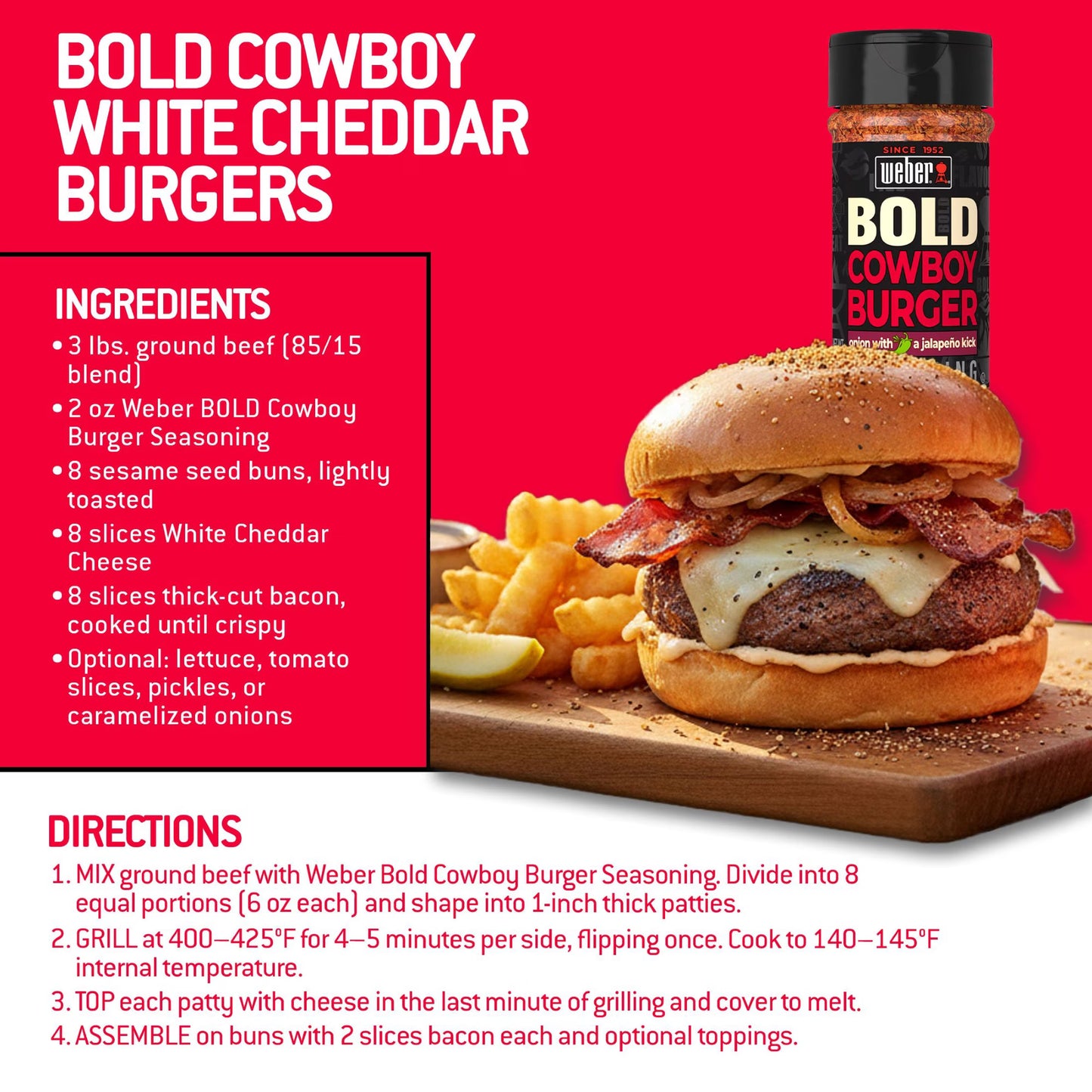 Weber BOLD Cowboy Burger, Onion and Jalapeno Burger Seasoning Blend, 5.75 oz Bottle
