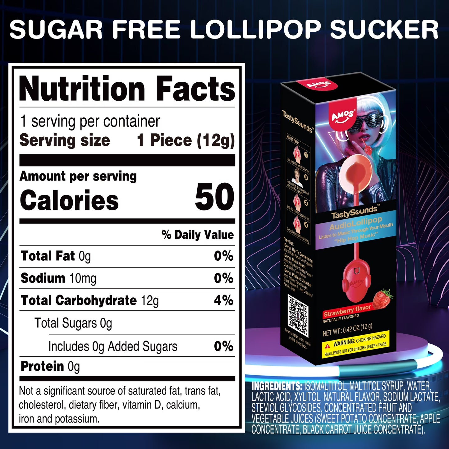 AMOS Music Lollipop Strawberry Audio Suckers, Fat Free Creative Gift Heart Shape Candy