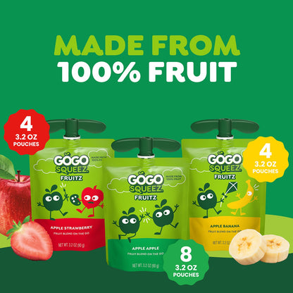 GoGo squeeZ No Sugar Added Banana Strawberry Applesauce Variety Pouches, 3.2 oz (16 Pack)