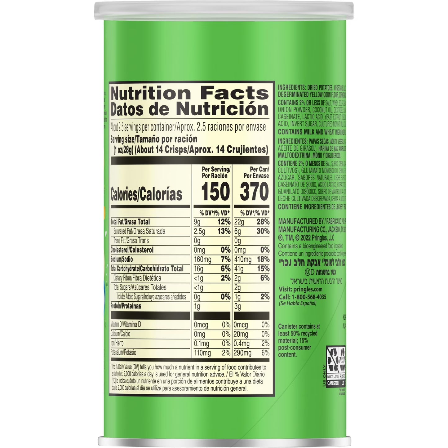 Pringles Sour Cream and Onion Potato Crisps Chips, Lunch Snacks, 2.5 oz Canister