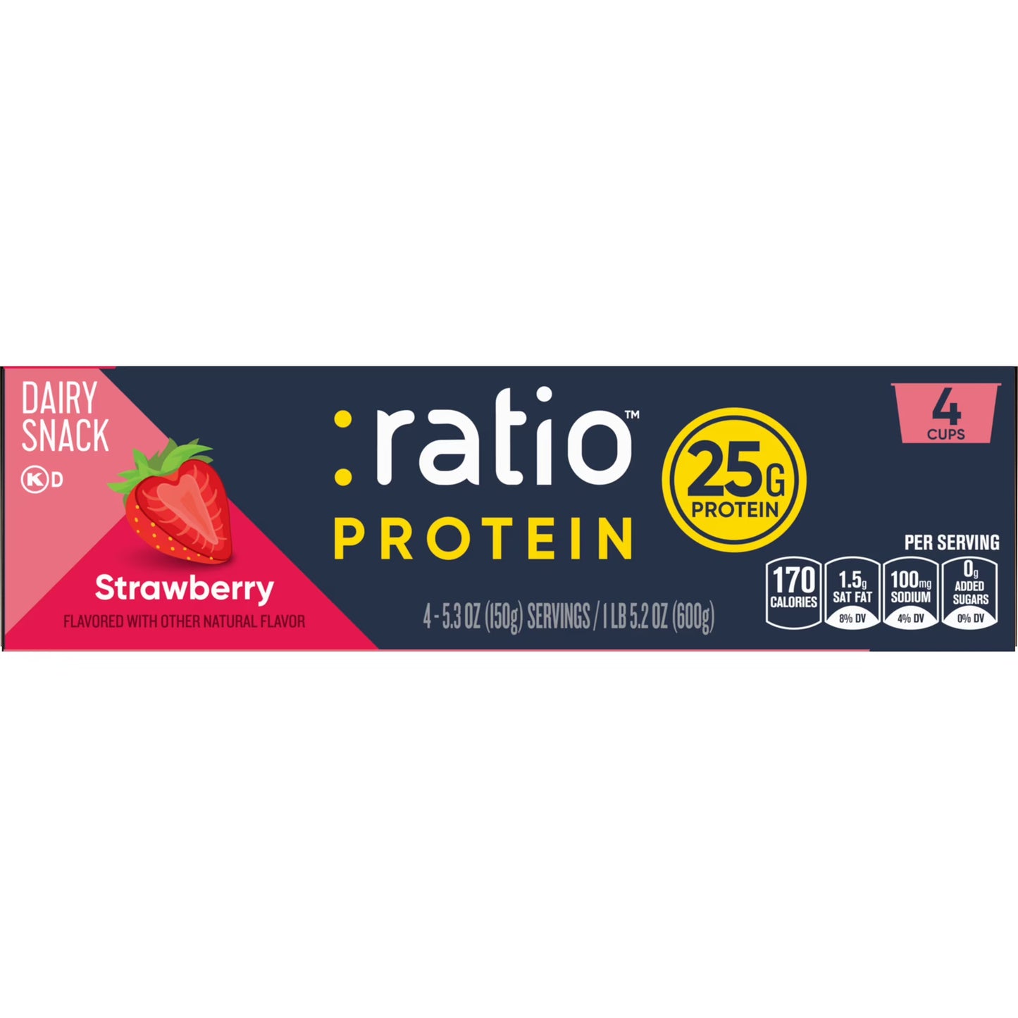 Ratio Yogurt Protein Cultured Dairy Snack, Strawberry, 25g Protein, 1 lb. 5.2 oz (4 Cups)