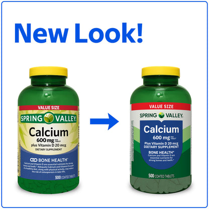 (3 pack) Spring Valley Calcium Plus Vitamin D Tablets, 600 mg, 500 Count, Bone & Joint Health Dietary Supplement, Value Size