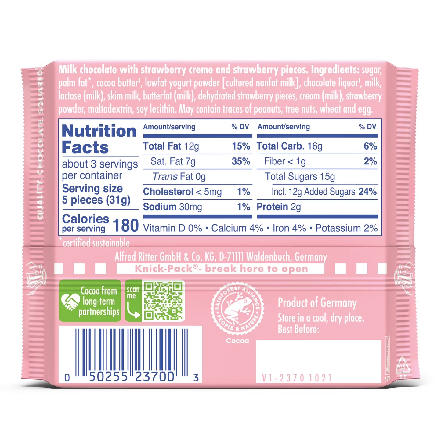 Ritter Sport Milk Chooclate Candy Bar with Strawberry Crème filling Chocolate Candy Bar – Authentic German Chocolate, Wrapped, 3.5 oz