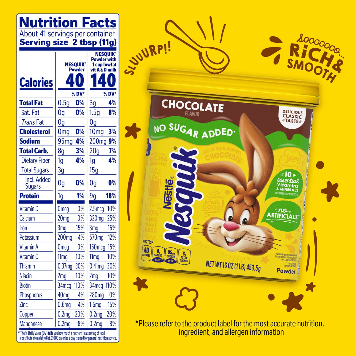 Nestle Nesquik No Sugar Added Chocolate Instant Stir In Powder Mix, 16 oz Canister, 41 Servings