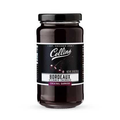 Collins Bordeaux Stemmed Cherries | Premium, Dark Cherry Garnish for Cocktails, Manhattan, and Old Fashioned, 10oz